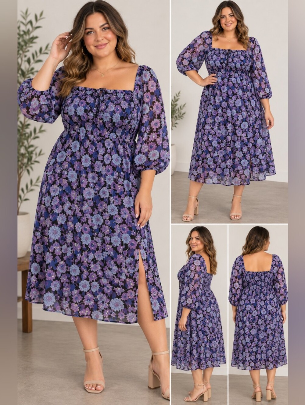 🌺 2/$30 Addition Elle Purple Floral Square-Neck Midi Dress - Picture 1 of 4